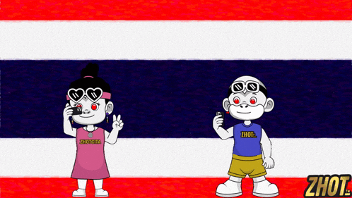 a boy and a girl are standing in front of a thai flag and their shirts say zhot