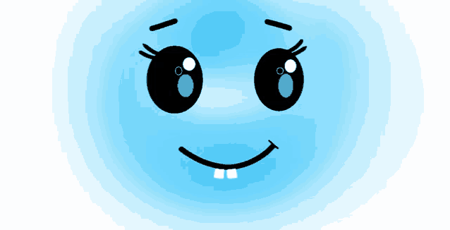 a blue cartoon face with black eyes and white teeth