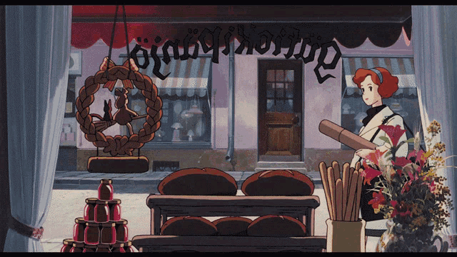 a woman stands in front of a bakery that says ' oignon ' on the top