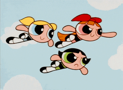 three cartoon characters are flying in the sky