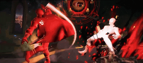 a man in a red cape is fighting another man