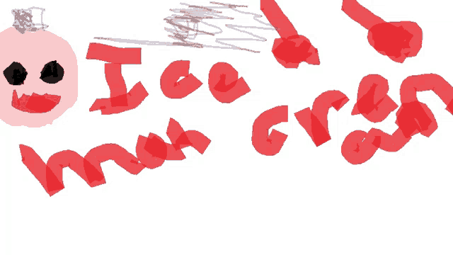 a child 's drawing of a clown with the words ice cream written in red