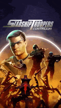 a poster for starship troopers continuum with a man holding a rifle