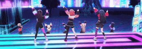 a group of anime girls are dancing on a stage with their arms in the air