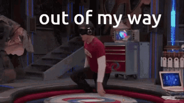 a woman in a red shirt is fighting a monster with the words out of my way written on the bottom