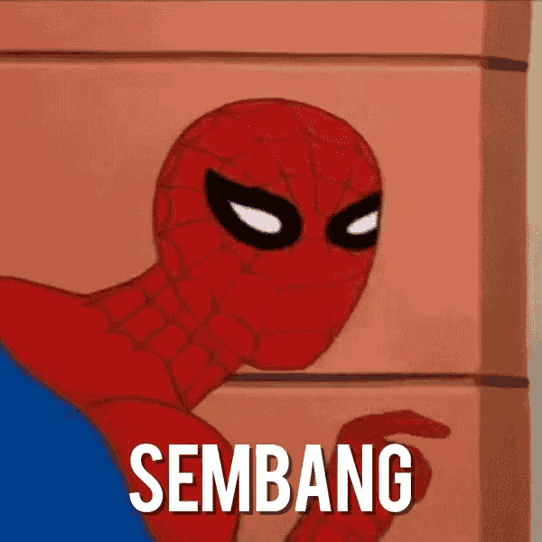 a cartoon of spider-man standing next to a wall with the word sembang written on it .