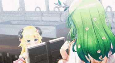 a girl with horns is looking at herself in the mirror