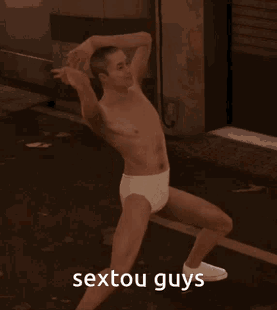 a shirtless man in white underwear is dancing with the words sextou guys behind him