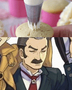 a man with a mustache is icing a cupcake with a piping bag