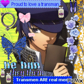 a picture of a man with the words " he him they them " above him