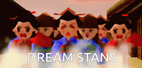 a group of geishas are standing next to each other with the words dream stans behind them