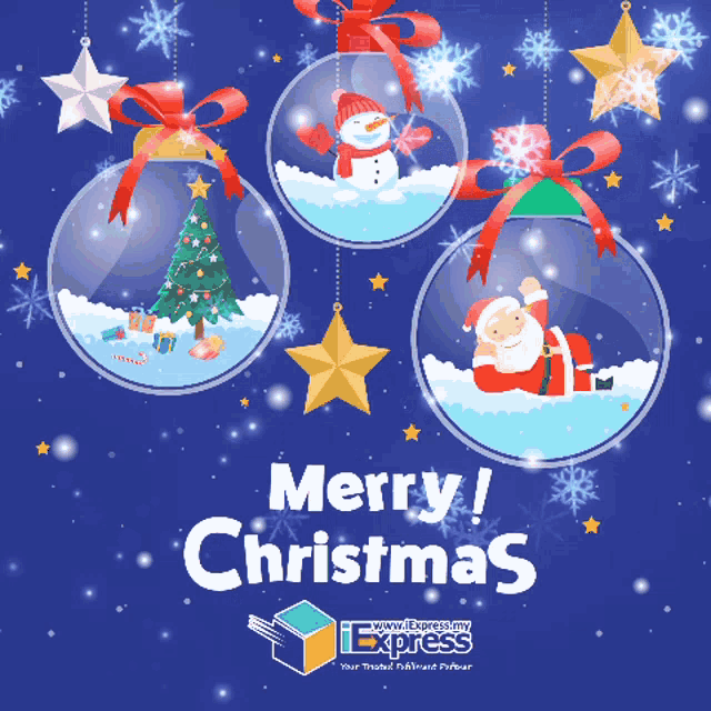 a merry christmas greeting card with christmas ornaments