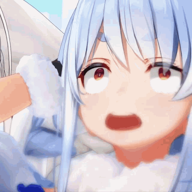 a close up of a anime character with blue hair and red eyes