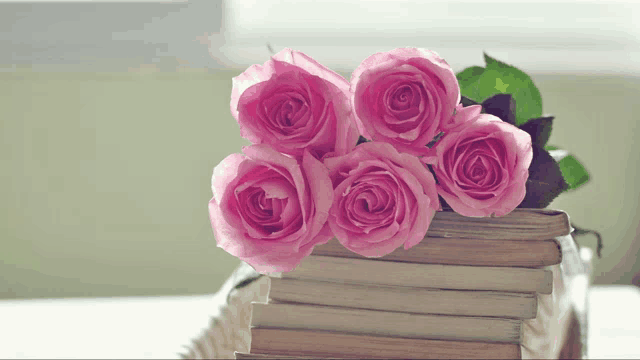 a stack of books with pink roses on top