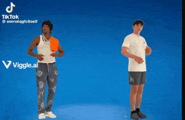 two men standing next to each other with their arms in the air in front of a blue background with a viggle.ai logo