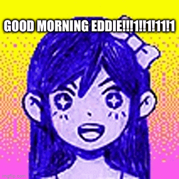 a cartoon girl with blue hair and a bow in her hair is smiling and says `` good morning eddie '' .