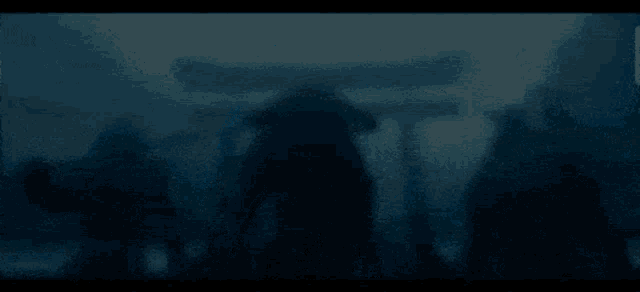 a silhouette of a man in a hat holding a spear