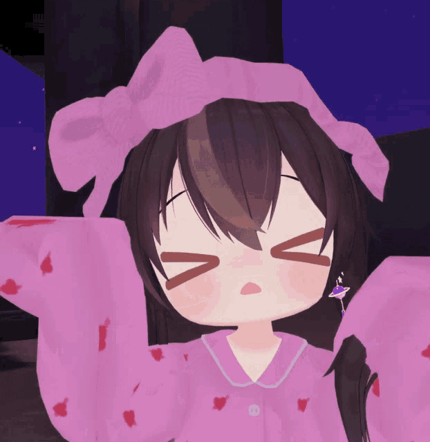 a cartoon girl wearing a pink headband and pajamas with hearts on them