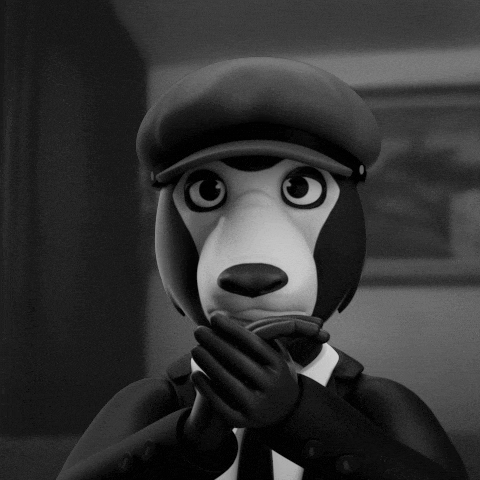 a black and white cartoon character wearing a hat and a suit