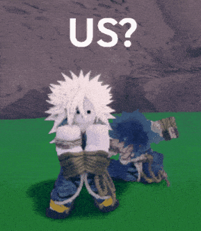 a cartoon character with white hair is standing next to another cartoon character with blue hair and the words us behind them