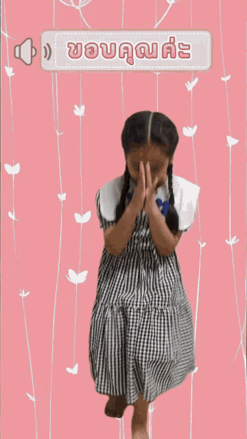 a little girl in a plaid dress is standing in front of a pink background