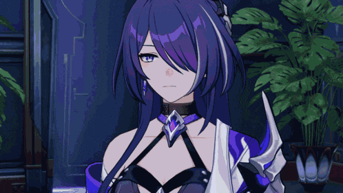 a girl with purple hair is standing in front of a striped wall