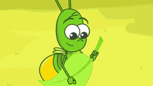 a cartoon grasshopper is holding a green leaf in its hand