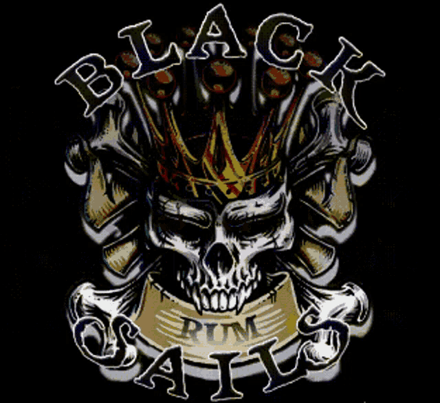 a black sails logo with a skull and a crown