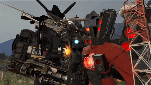 a video game shows a giant robot with the letters gmk on it