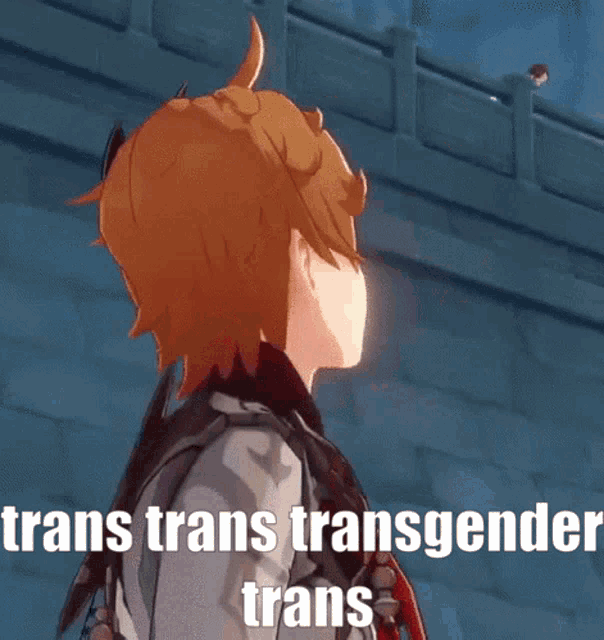 a cartoon character is standing in front of a wall with his eyes closed and says trans trans transgender trans