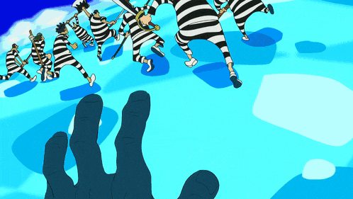 a cartoon of a hand reaching out to a group of prisoners