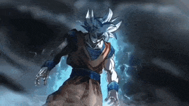 a cartoon character is standing in front of a lightning bolt in a dark room .
