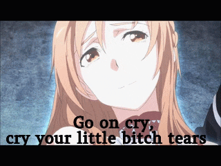a picture of a girl with the words " go on cry cry your little bitch tears "