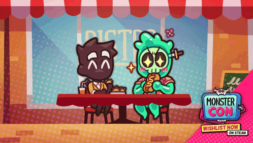 an advertisement for monster con shows two monsters sitting at a table eating food