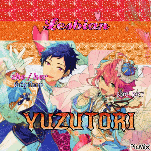 a picture of two anime characters with the words lesbian she her they them
