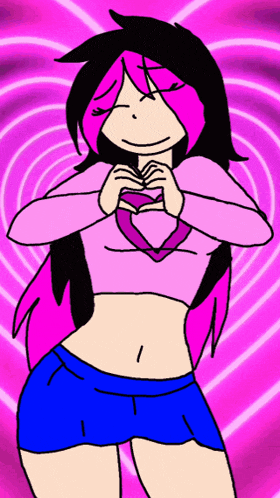 a cartoon girl with pink hair is making a heart with her hands