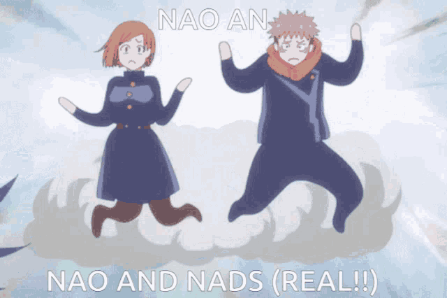 a cartoon of a man and a woman jumping in the air with the caption nao and nads ( real !! )