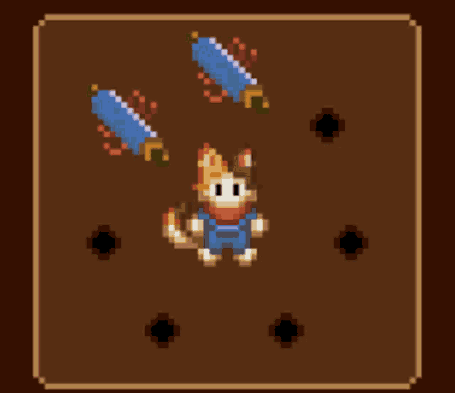 a pixel art of a cat in blue overalls with a scarf around its neck