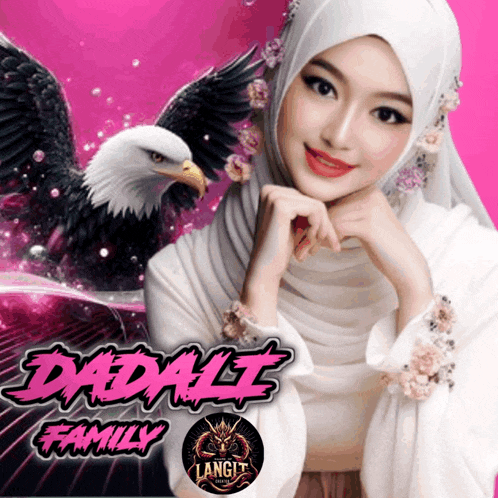 a woman wearing a white hijab with a bald eagle behind her and the words dadali family