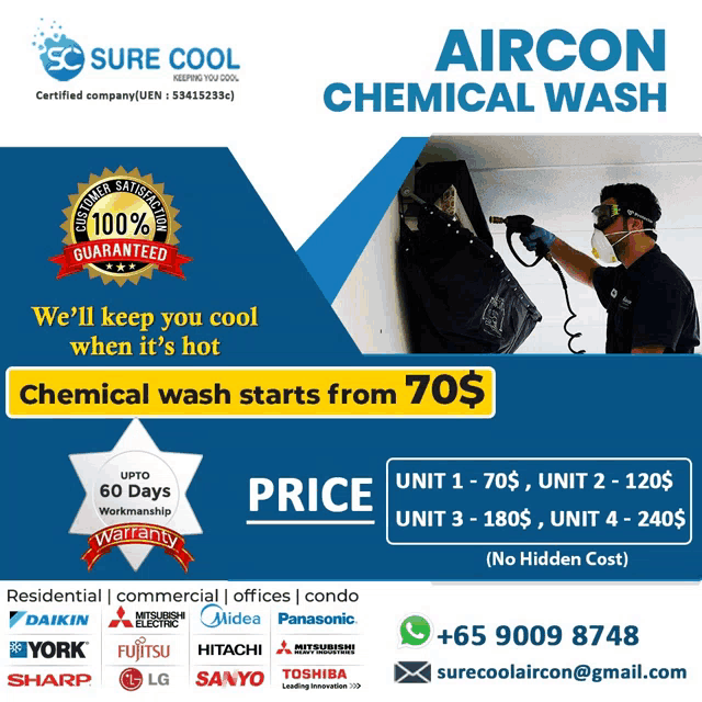 an advertisement for aircon chemical wash shows a man working on a machine