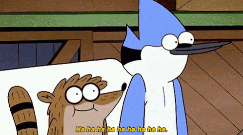a regular show cartoon character laughs with a raccoon