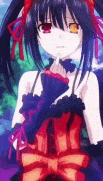 a black haired anime girl with red eyes is holding her finger to her mouth