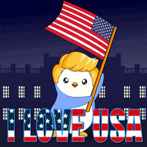 a cartoon penguin holding an american flag with the words i love usa behind him