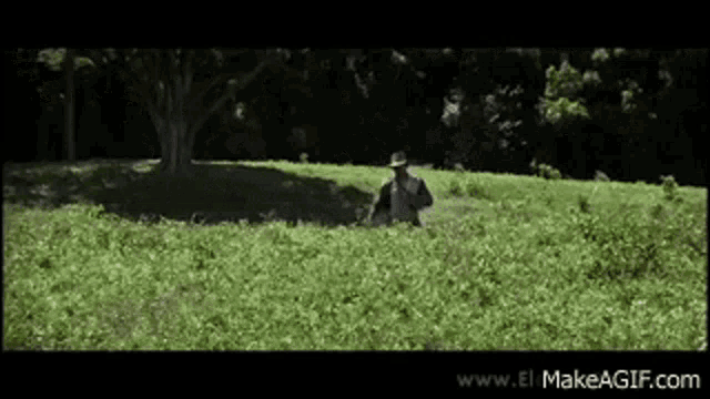 a man in a hat is standing in the middle of a field .