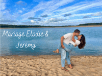 a man is holding a woman in his arms on a beach with the words mariage elodie & jeremy written above them