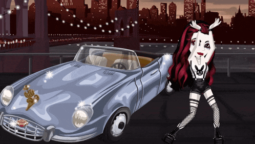 a cartoon drawing of a woman standing next to a car that says harley davidson