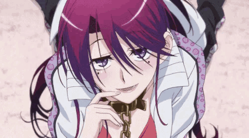 a girl with purple hair and blue eyes is wearing a choker around her neck