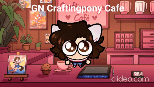 gn craftingpony cafe has a cartoon character sitting at a counter