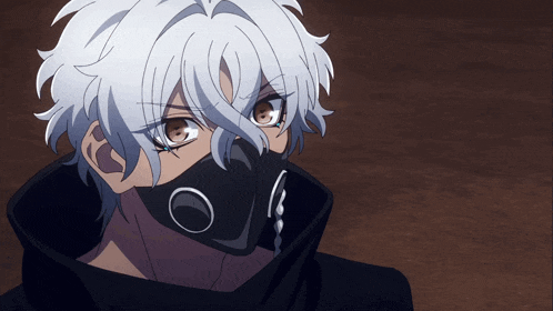 a cartoon character with white hair and a black mask on his face