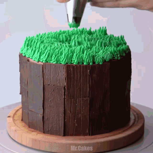 a chocolate cake with green frosting is being decorated by mr cakes